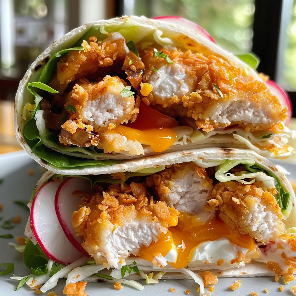 Side view of a juicy Honey Mustard Chicken Wrap featuring chicken, lettuce, and colorful veggies.