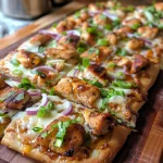 Close-up view of Hot Honey Chicken Flatbread Pizza with toppings.