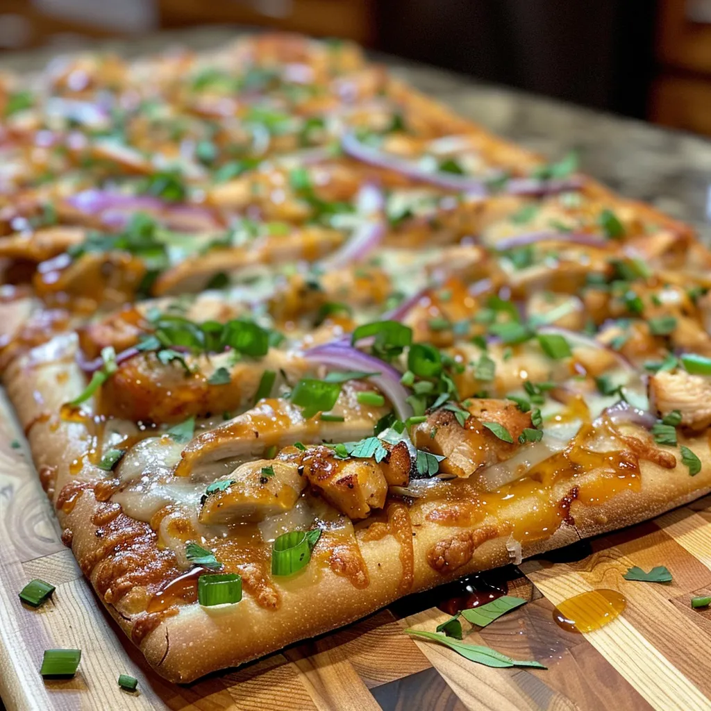 Side shot of a delicious Hot Honey Chicken Flatbread Pizza on a wooden surface.