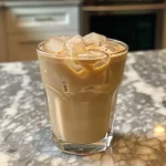 A close-up of an iced almond milk latte with ice cubes glistening in the sunlight.