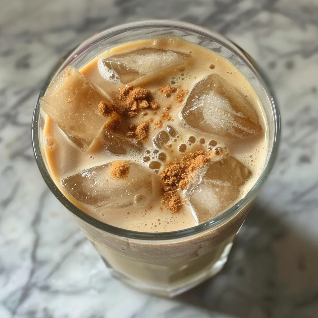 A side view of a refreshing iced almond milk latte in a clear glass filled with ice.