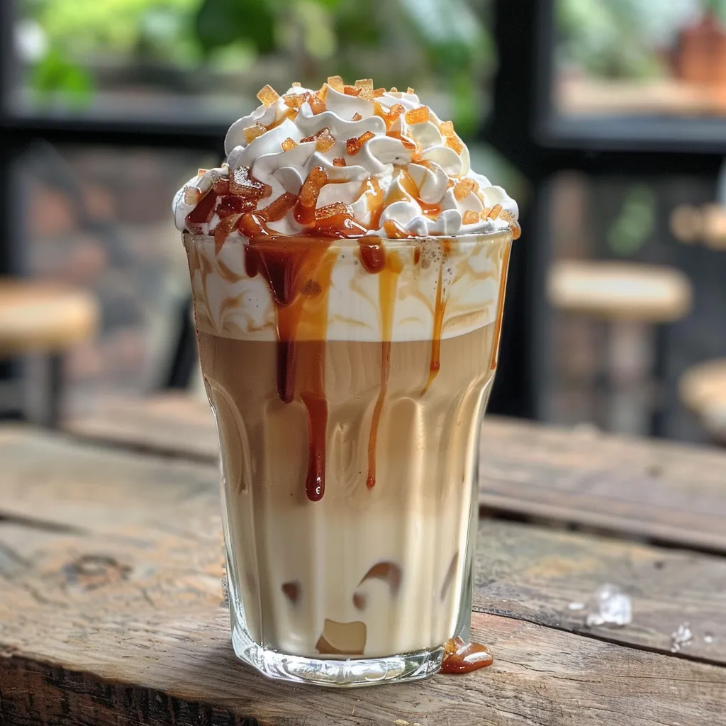 Side view of a delicious iced caramel latte with ice cubes and a drizzle of caramel on top.