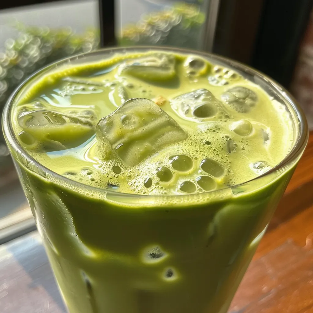 Close-up of a refreshing Iced Coconut Matcha Latte topped with frothy coconut milk.