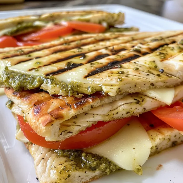 Close-up side view of a juicy Italian Chicken Pesto Flatbread Sandwich on a rustic table.