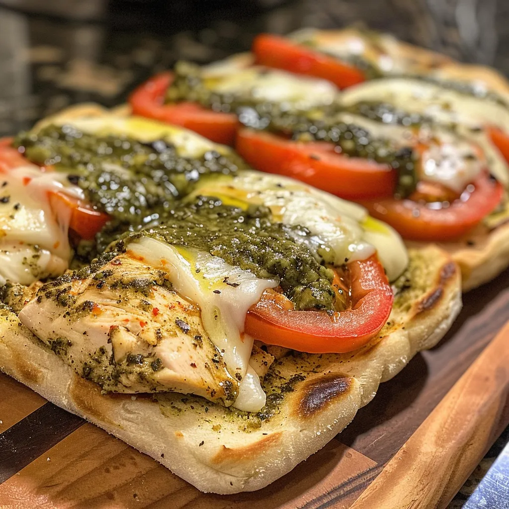 Side view of a delicious flatbread sandwich filled with chicken, pesto, and cheese.