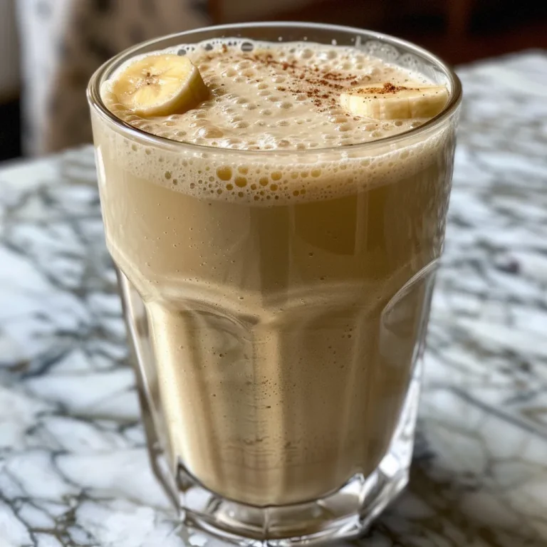 A close-up view of a glass filled with creamy Korean banana milk beside a ripe banana.