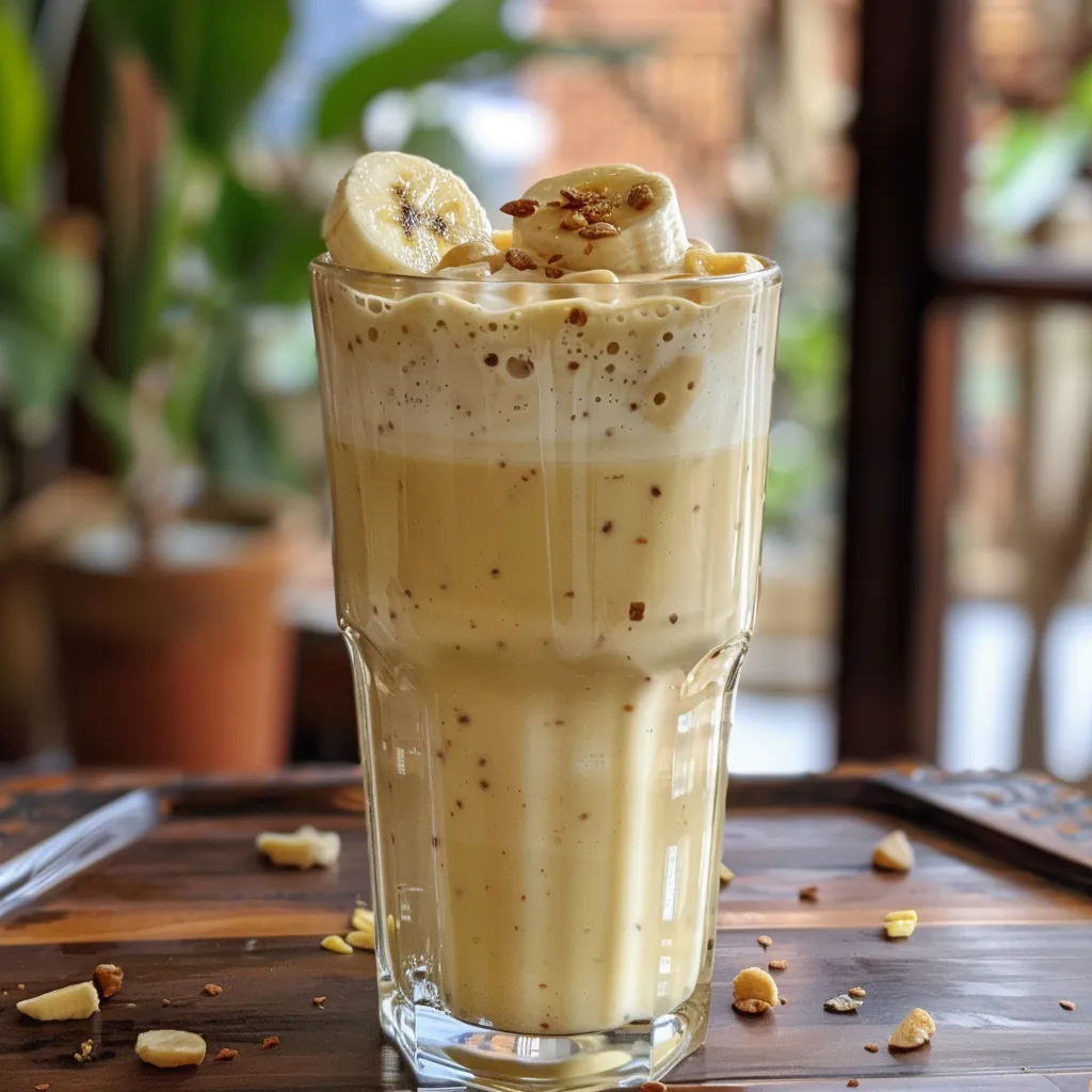 Side view of a refreshing Korean banana milk in a clear glass, showcasing its smooth texture.
