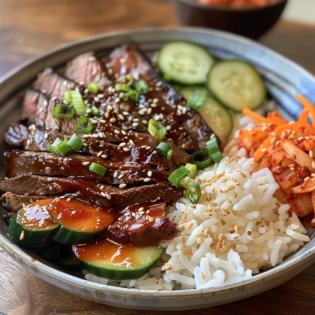 A delicious bowl featuring sliced Korean BBQ steak, rice, and vibrant vegetables.
