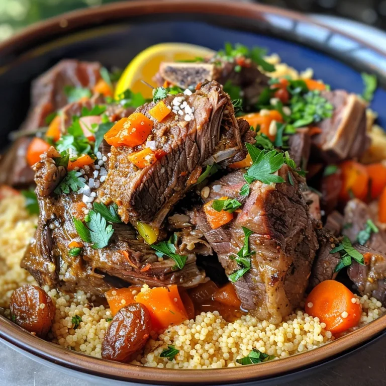 Elevate Your Dinner Routine with Flavorful Lamb Couscous Close-up view of juicy lamb couscous with vibrant vegetables and herbs.