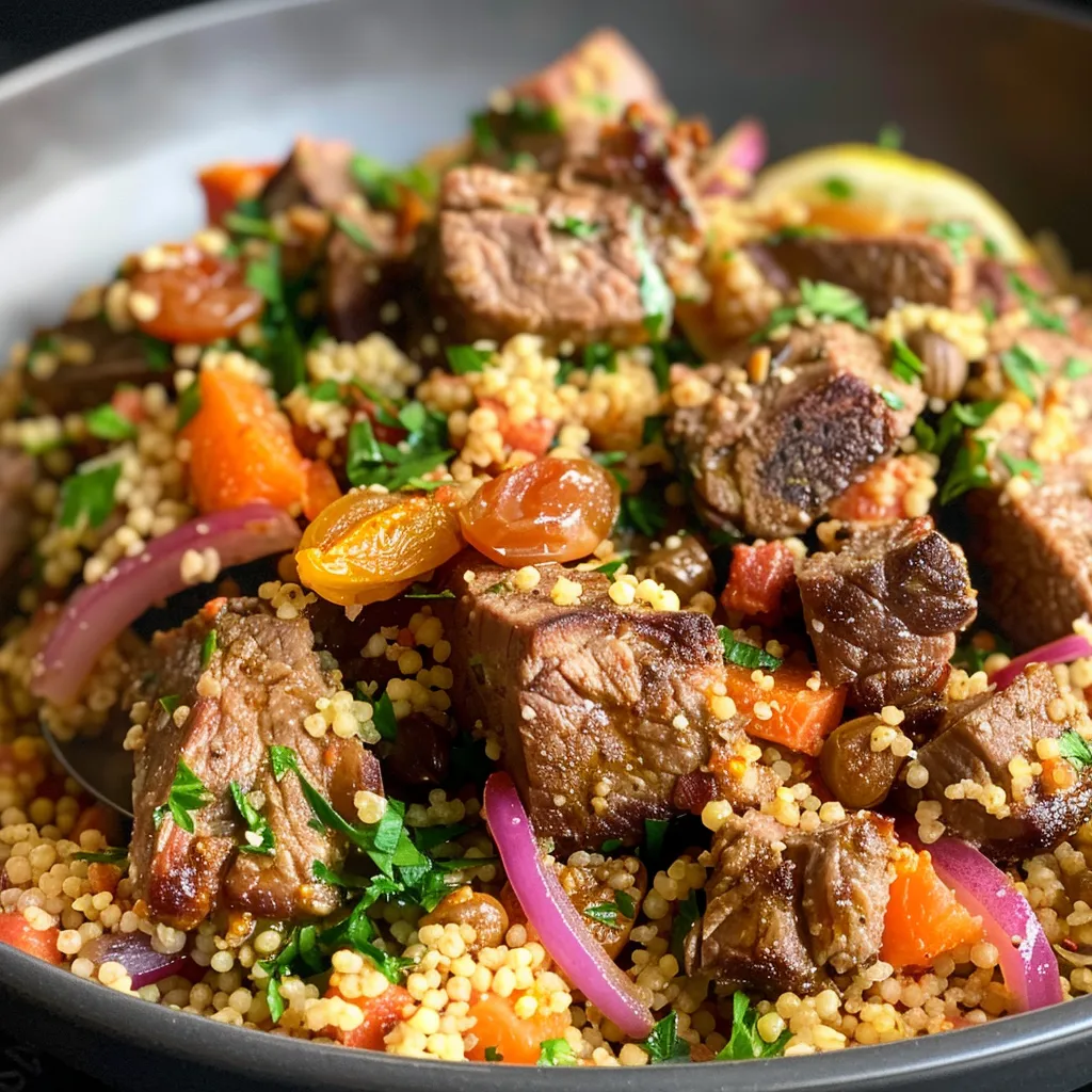 Side view of a bowl filled with lamb couscous featuring colorful ingredients.