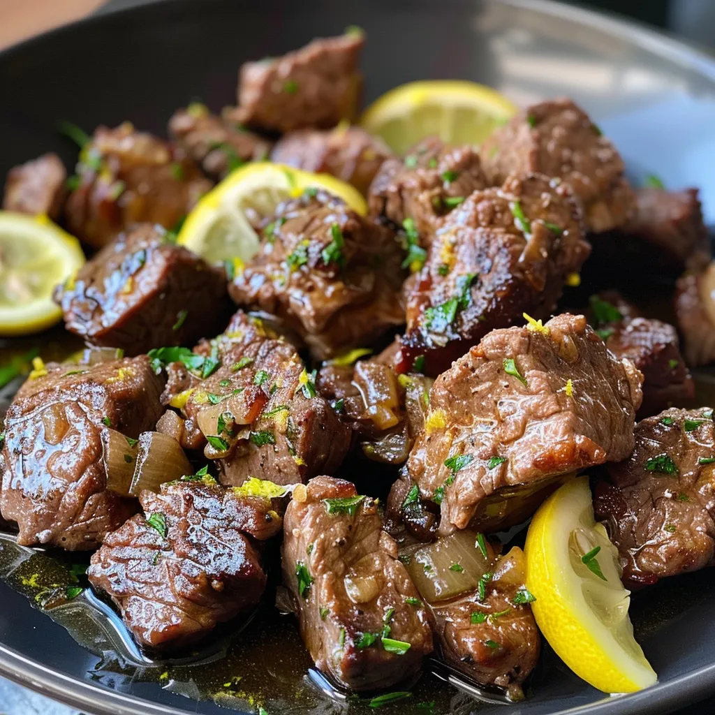 Juicy beef cubes topped with creamy garlic ranch and fresh parsley.