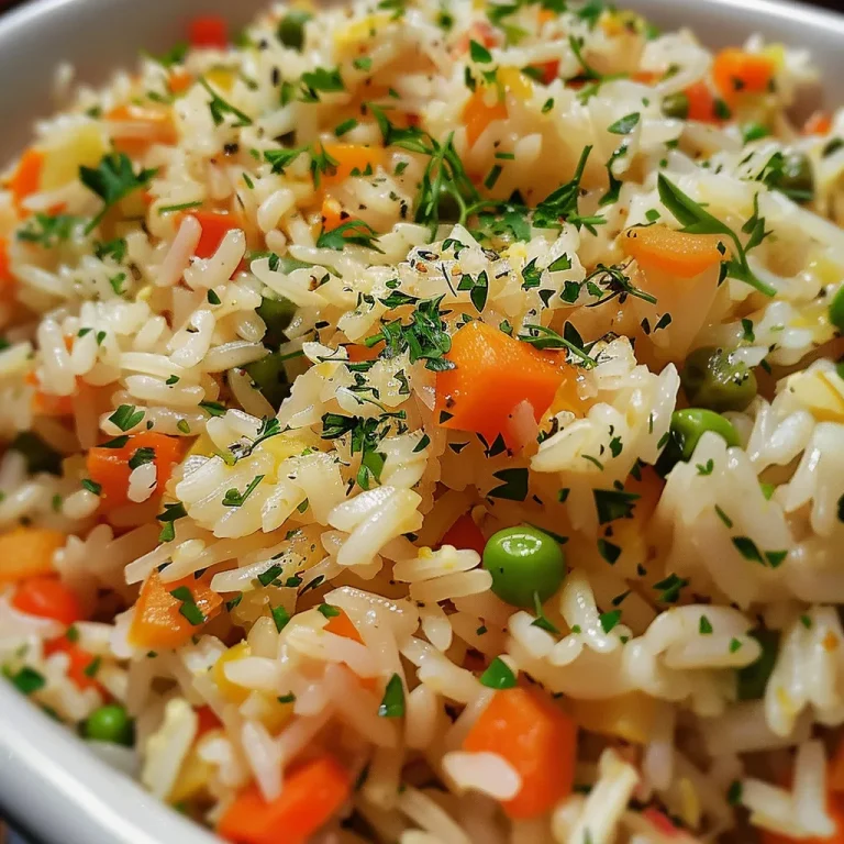 Close-up view of Lemon Butter Veggie Rice Pilaf with vibrant vegetables.