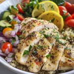Close-up of a vibrant Lemon Herb Chicken Quinoa Bowl with colorful vegetables.