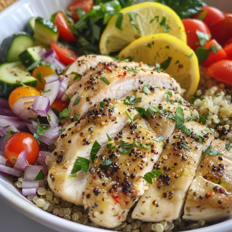 Close-up of a vibrant Lemon Herb Chicken Quinoa Bowl with colorful vegetables.
