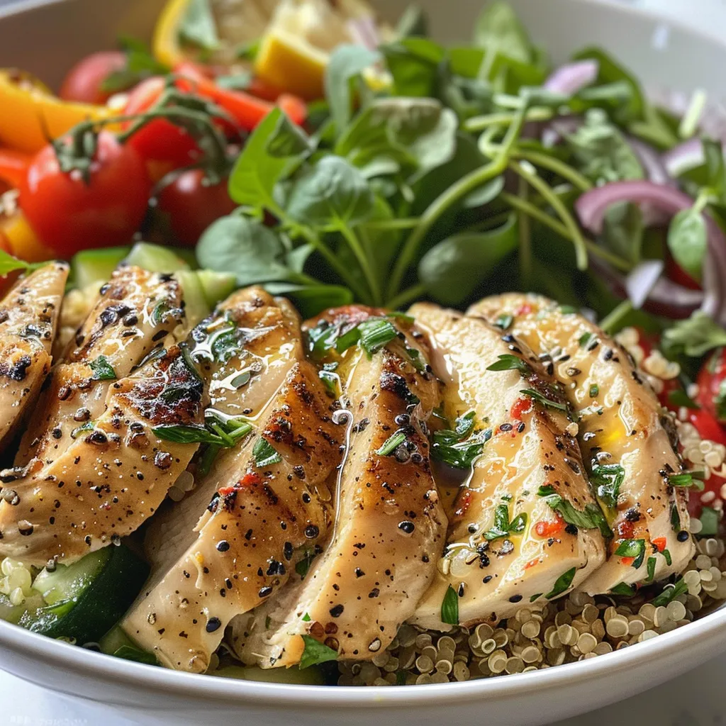 Juicy Lemon Herb Chicken served on a bed of quinoa with assorted veggies.