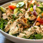 A close-up view of a Lemon Herb Chicken Salad with vibrant ingredients.