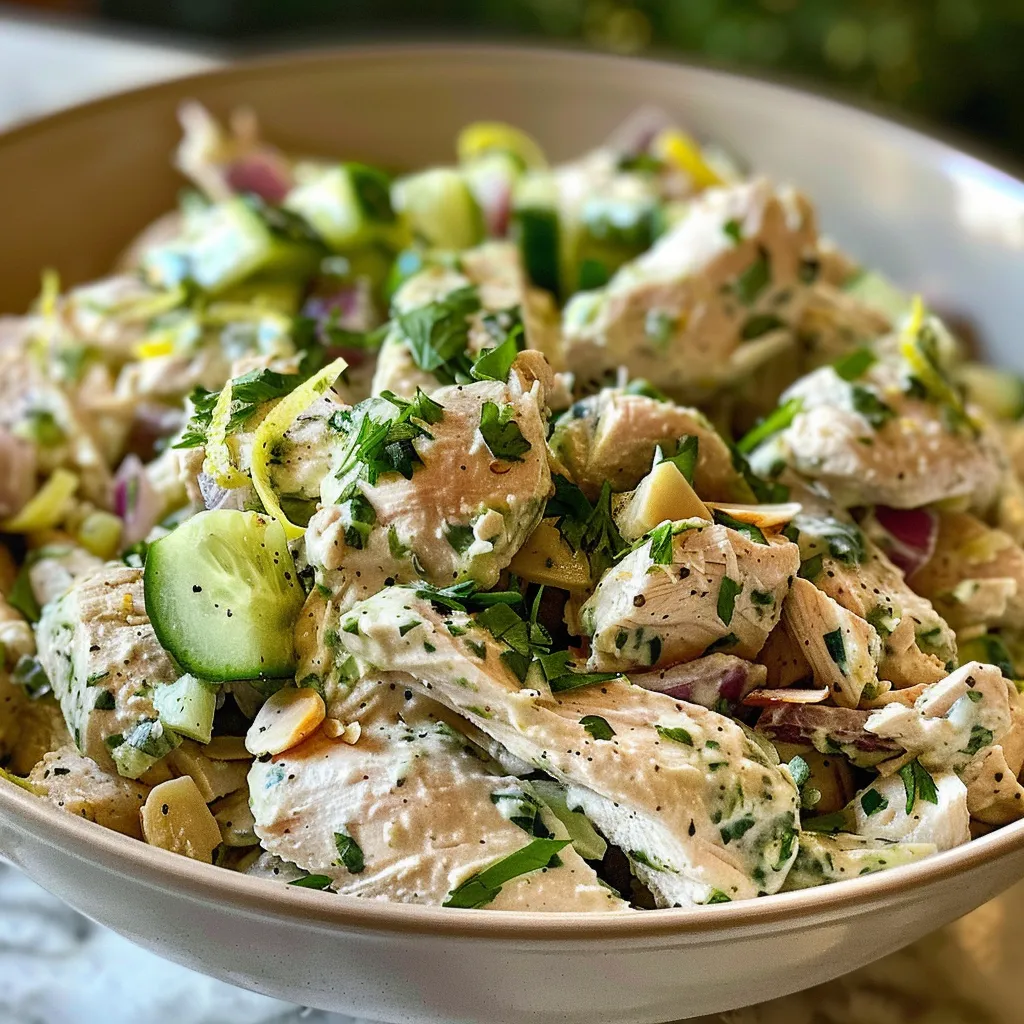 Juicy Lemon Herb Chicken Salad displayed in a bowl, showing fresh herbs and chicken.