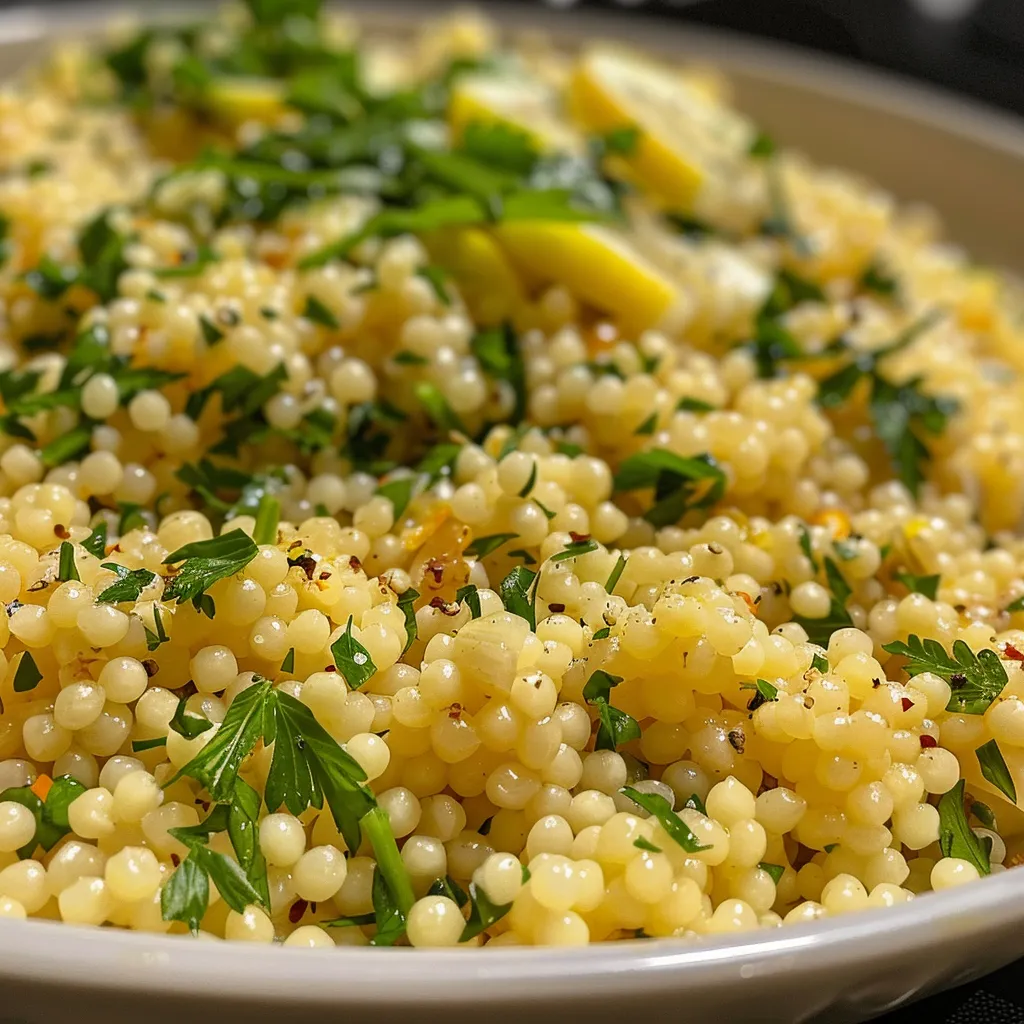 Side view of a bowl filled with Lemon Herb Couscous, highlighting its texture.