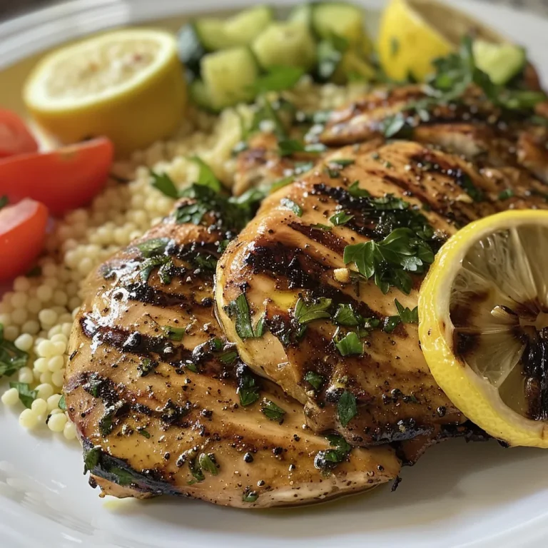 Close-up view of juicy Lemon Herb Grilled Chicken served on a plate with couscous and fresh garnishes.