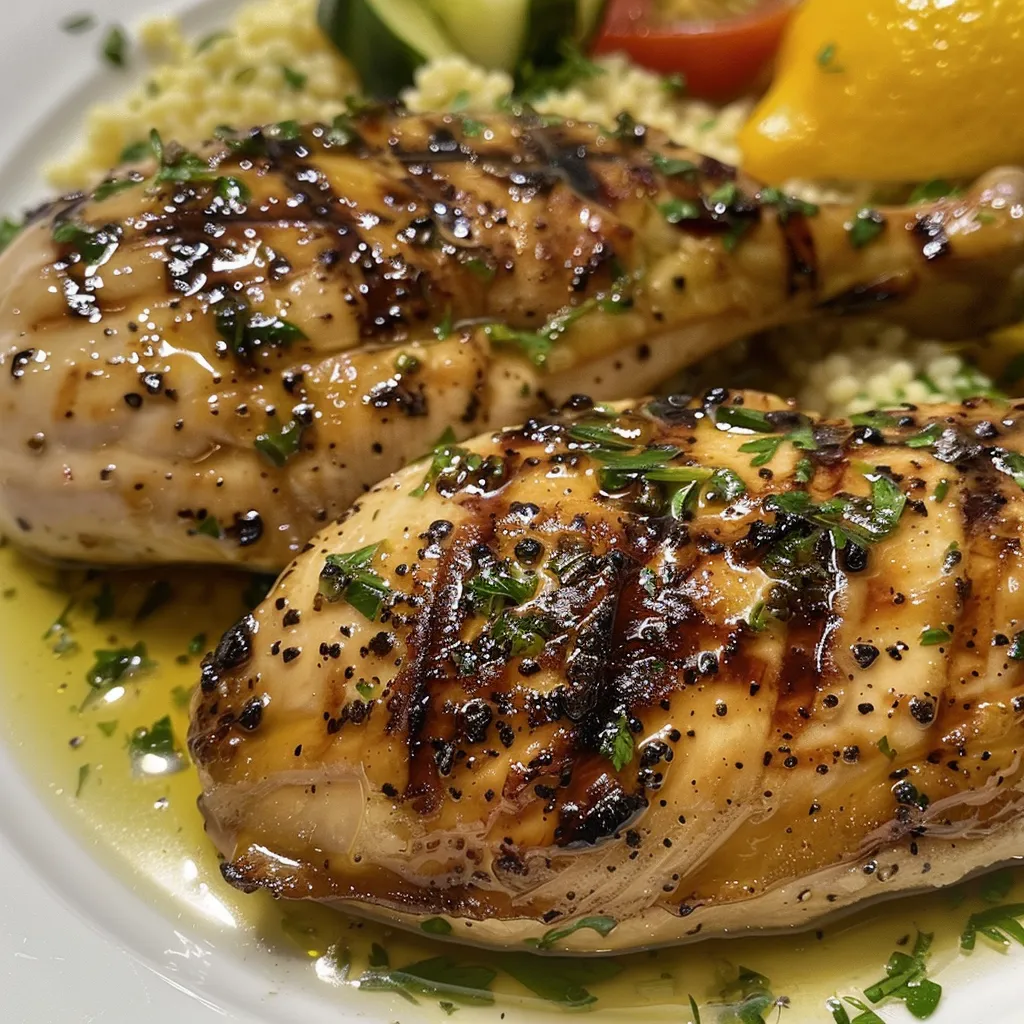 Side view of Lemon Herb Grilled Chicken alongside fluffy couscous, garnished with herbs and diced vegetables.