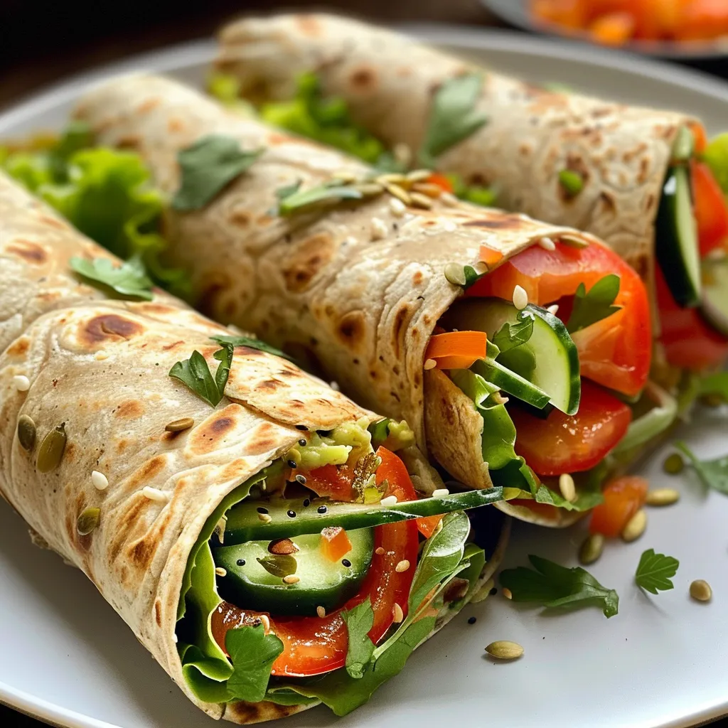Side view of a Lemon Herb Veggie Wrap showcasing colorful ingredients.
