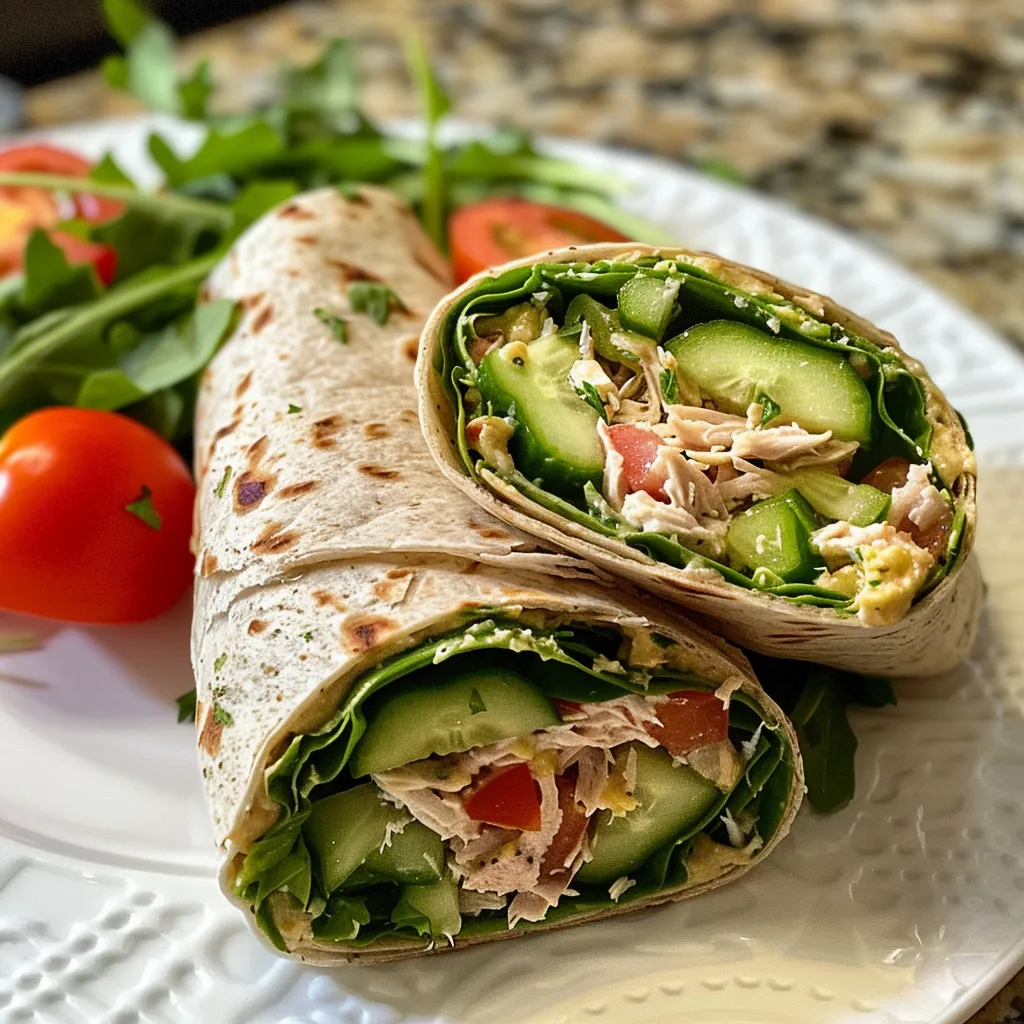 Juicy Lemon Pepper Tuna Wrap displayed with fresh arugula and diced veggies.