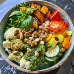 Close-up view of a vibrant Lemon Pesto Buddha Bowl with colorful vegetables.