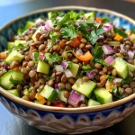 A close-up view of a colorful lentil salad with diced cucumber, red onion, and Medjool dates.