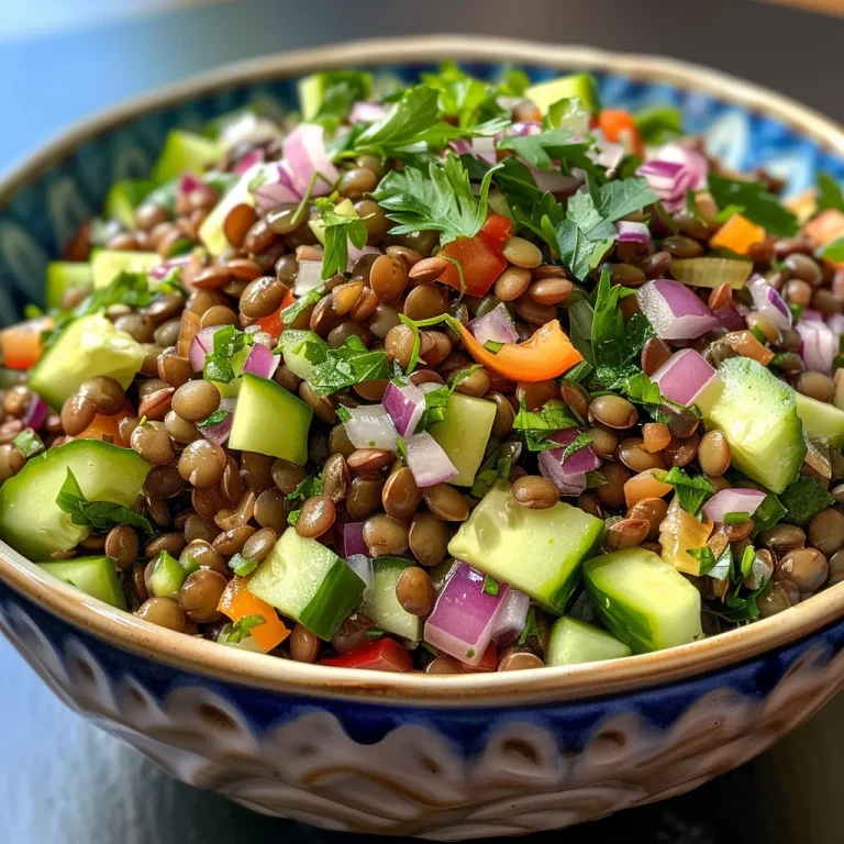 Bright and Flavorful Lentil Salad A Wholesome Delight A close-up view of a colorful lentil salad with diced cucumber, red onion, and Medjool dates.