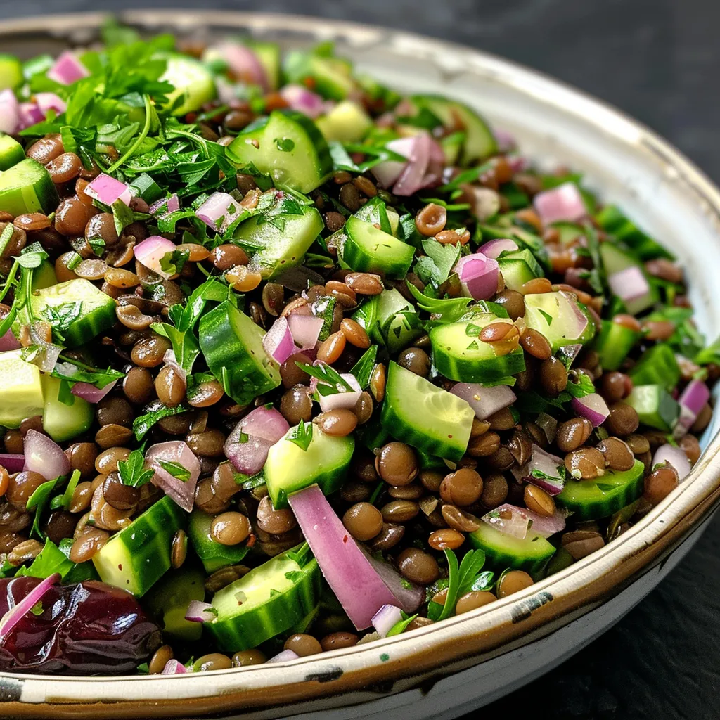 A vibrant lentil salad featuring varying ingredients like parsley, cucumber, and dates, captured from the side.