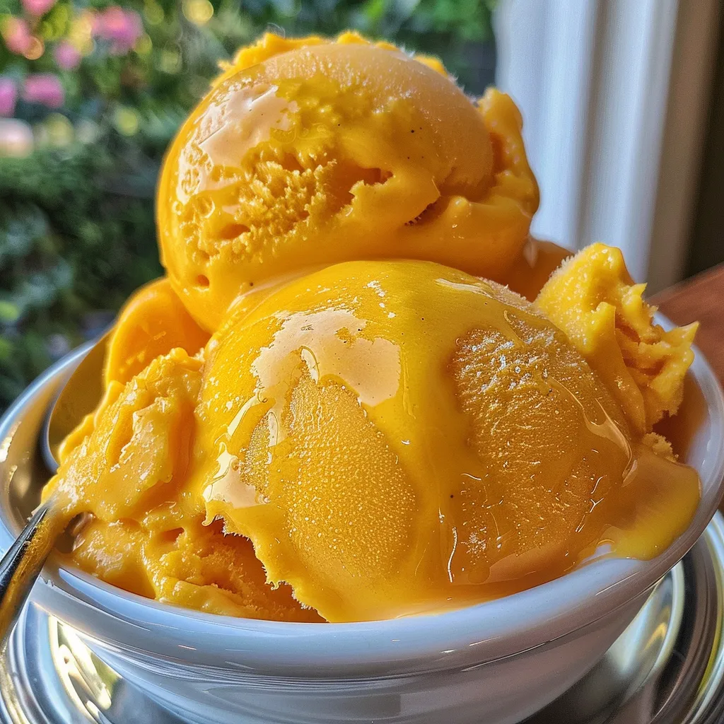 Side view of a serving of Mango Frozen Yogurt with a smooth texture.