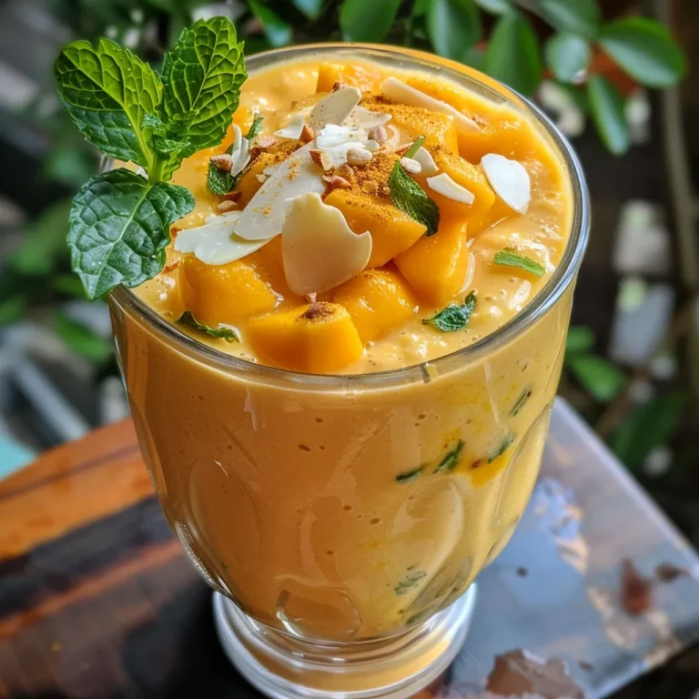 Close-up view of a glass of mango lassi topped with mint leaves and slivered almonds.