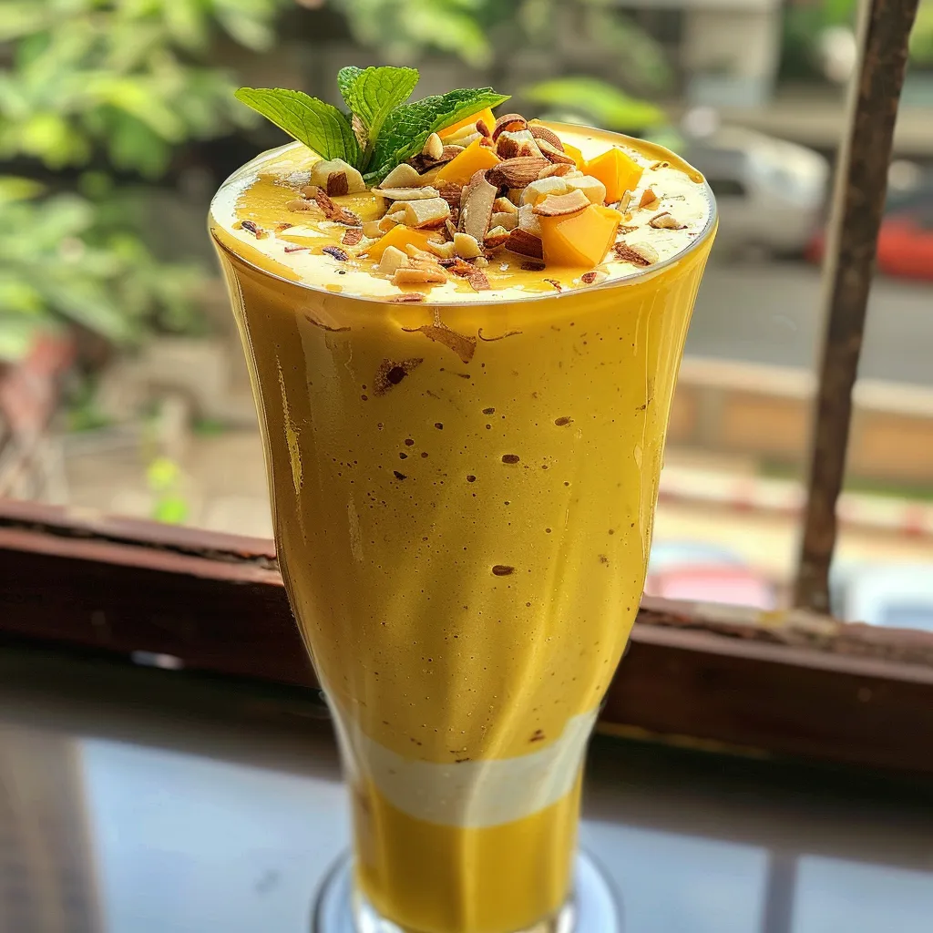Refreshing mango lassi in a glass, showcasing its creamy texture and golden color.