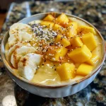 Close-up view of a vibrant mango peach smoothie bowl topped with fruits and seeds.