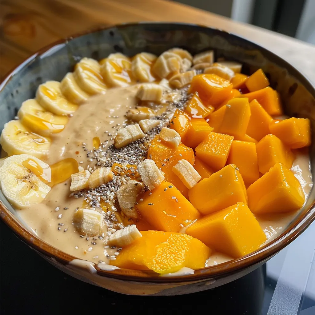 Side view of a delicious mango peach smoothie bowl with a creamy texture and colorful toppings.