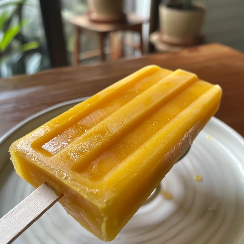 Side view of a mango popsicle showcasing its juicy, colorful layers.