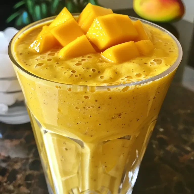 Close-up view of a creamy mango shake in a glass, with fresh mango slices on the side.