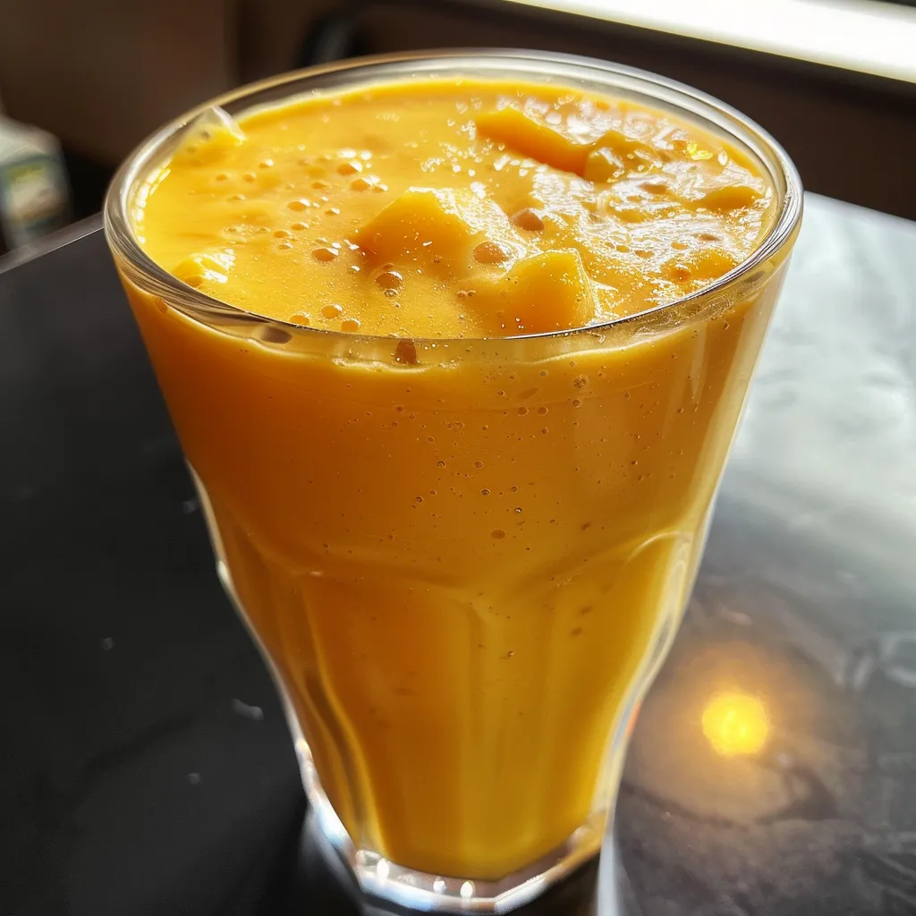 Side view of a frosty mango shake topped with mango pieces, captured in natural light.