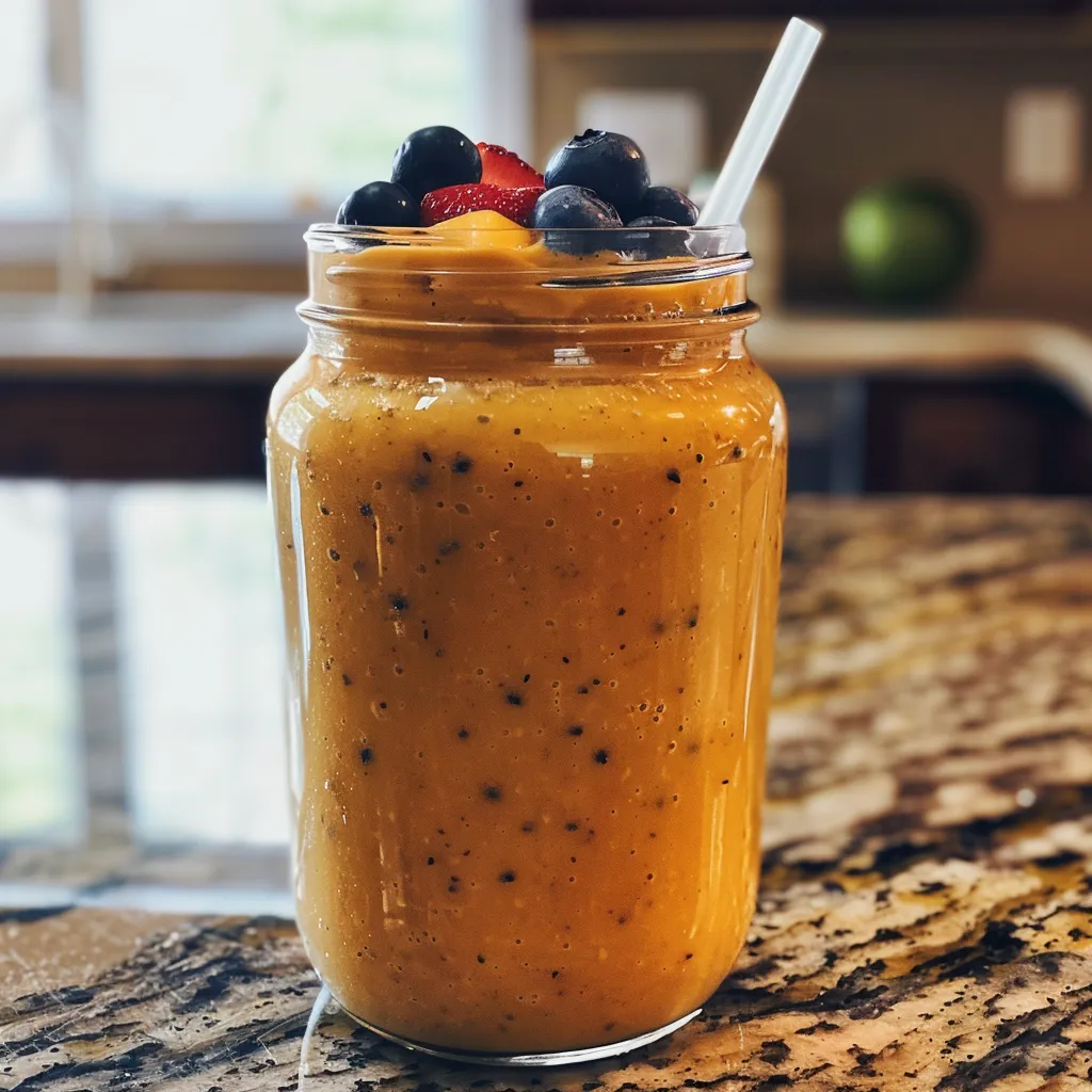 A close-up side view of a vibrant mango strawberry blueberry smoothie with fresh fruits.