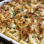 Close-up view of Marry Me Chicken Pasta Bake, showcasing the creamy sauce and melted cheese.