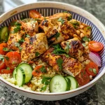 A close-up view of a Mediterranean Chicken Couscous Bowl showcasing colorful ingredients.