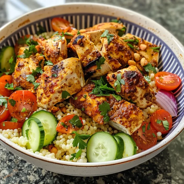 Effortless Mediterranean Chicken Couscous Bowl for Busy Weeknights A close-up view of a Mediterranean Chicken Couscous Bowl showcasing colorful ingredients.