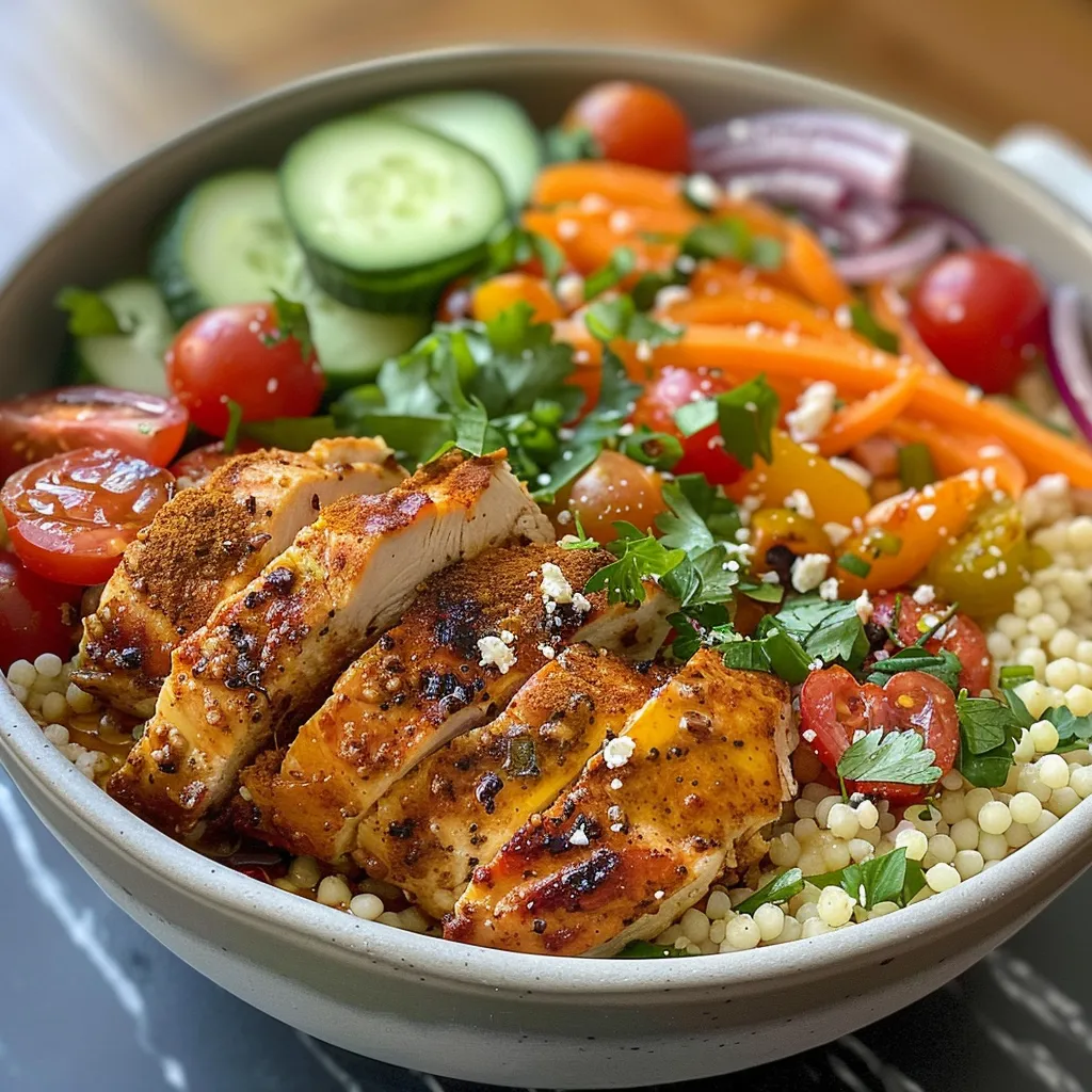 A vibrant Mediterranean Chicken Couscous Bowl featuring juicy chicken, couscous, and fresh vegetables.