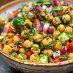 A close-up view of a vibrant Mediterranean Chickpea Salad featuring diced vegetables and chickpeas.