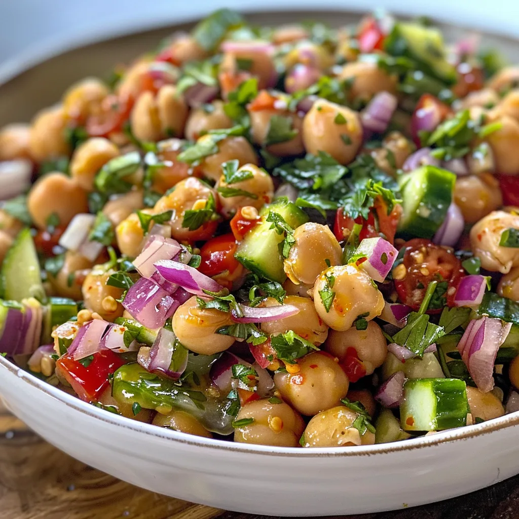 Juicy Mediterranean Chickpea Salad with fresh ingredients like cucumbers, tomatoes, and red onions.