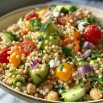 A close-up view of Mediterranean Couscous Salad featuring diced cucumbers, quartered cherry tomatoes, and crumbled feta cheese.