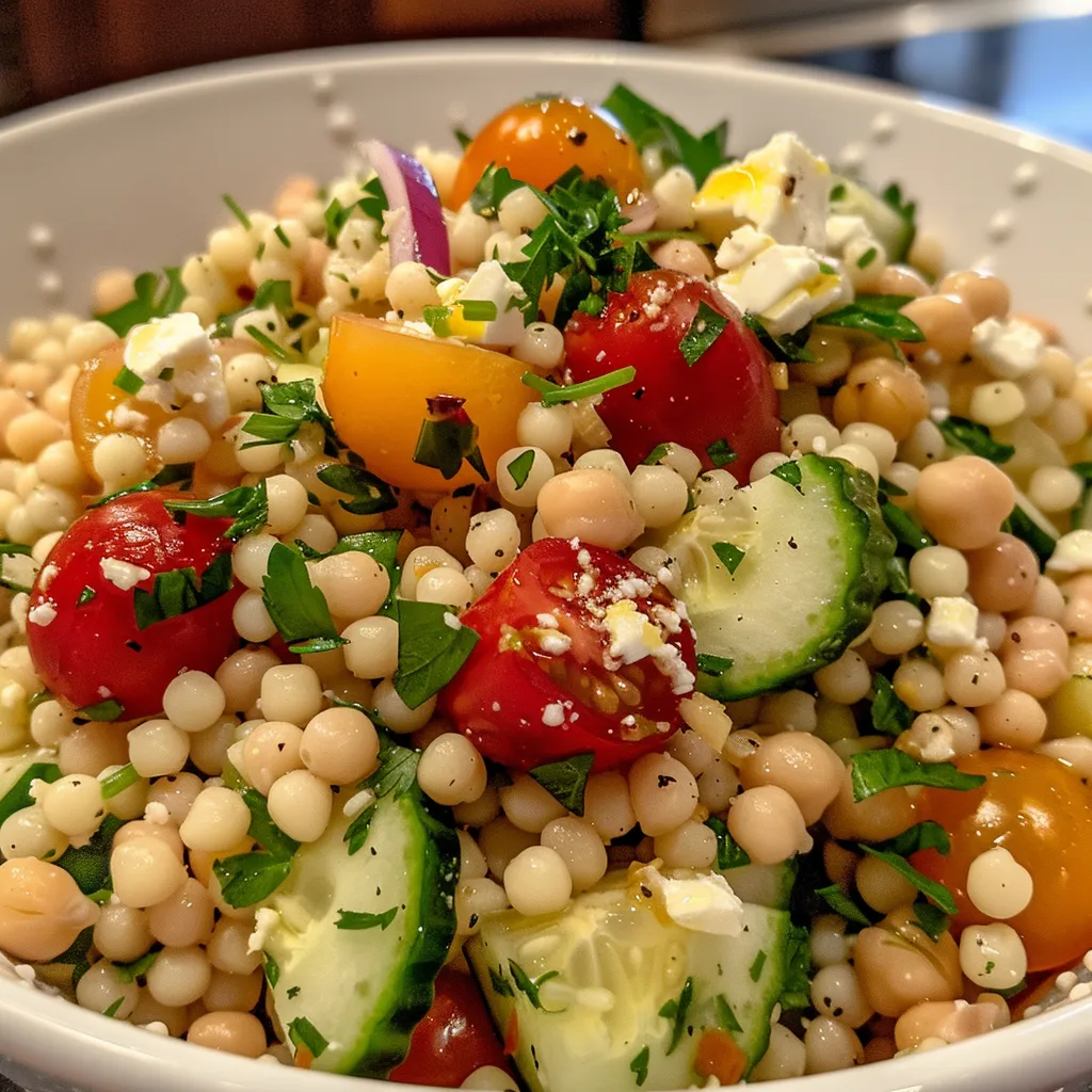 A colorful Mediterranean Couscous Salad with pearl couscous, fresh vegetables, and feta cheese, shot from the side.