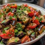 Close-up view of a vibrant Mediterranean eggplant salad with chopped tomatoes and parsley.