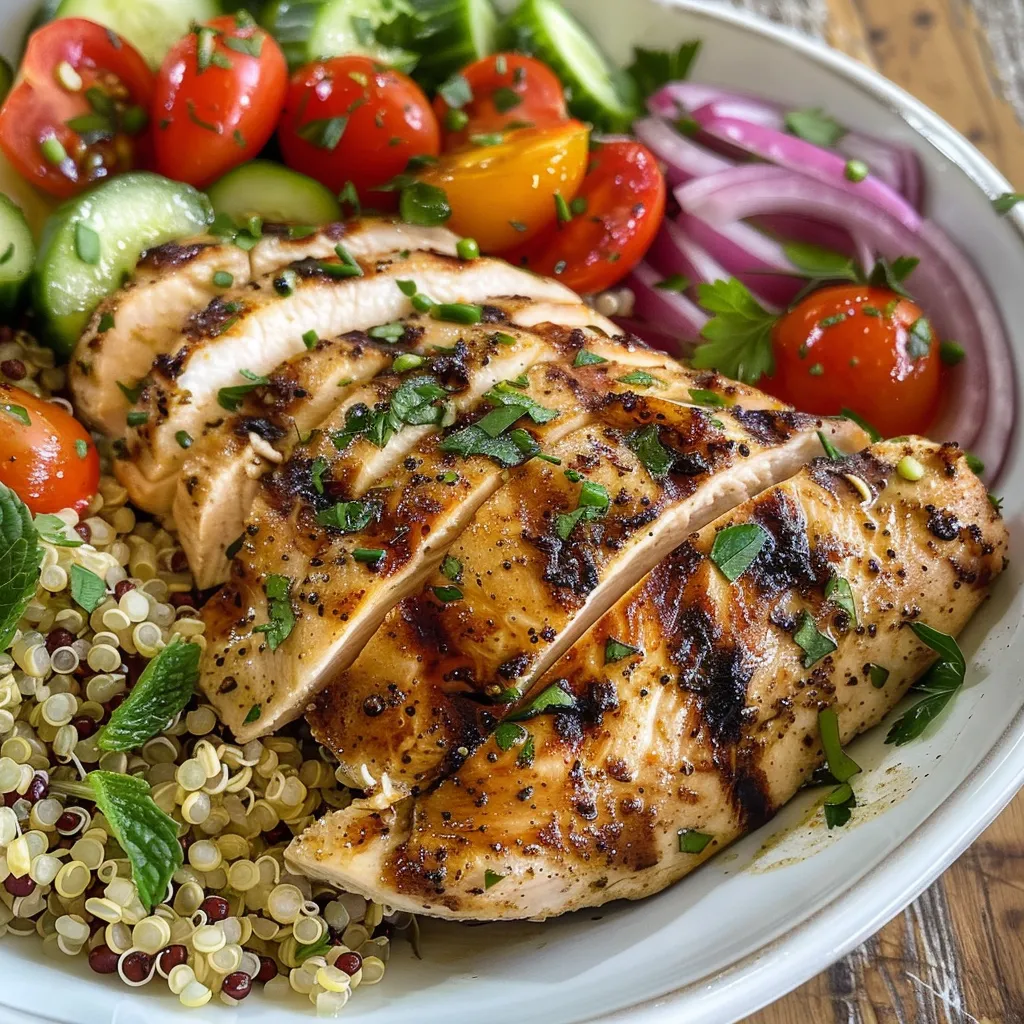 Close-up view of grilled chicken alongside vibrant salad ingredients like cherry tomatoes and cucumber.