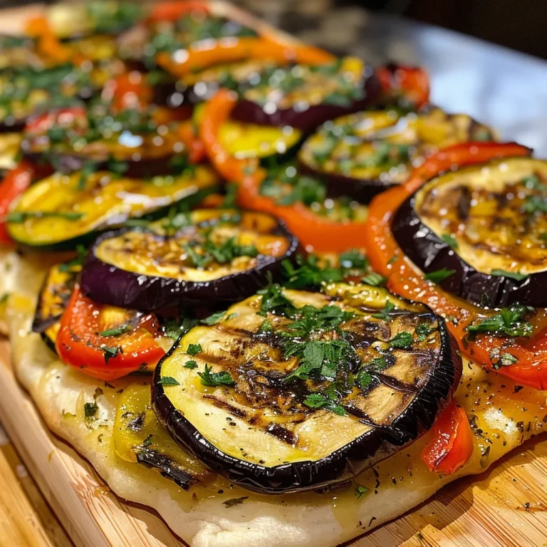 Close-up of Mediterranean grilled veggie flatbread topped with zucchini and bell peppers.